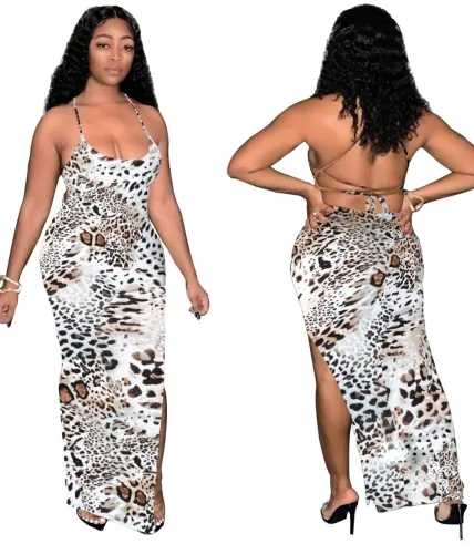 Leopard Print Slit Halter Long Party Dress