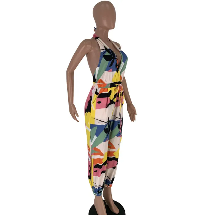 Print Colorful Drawstring Halter Jumpsuit