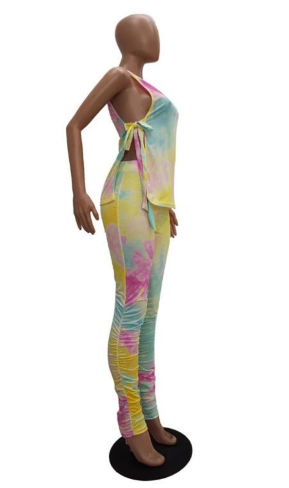 Sexy Tie Dye Knotted Shirt and Stacked Pants Set