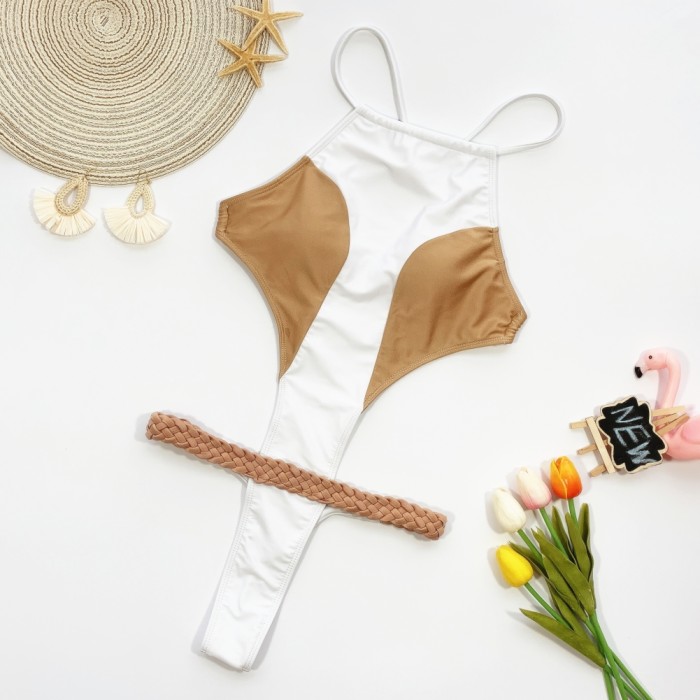 Sexy Contrast One Piece Halter Thong Swimwear