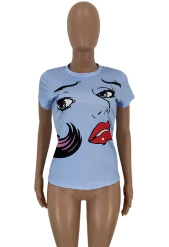 Summer Character Print O Neck Shirt