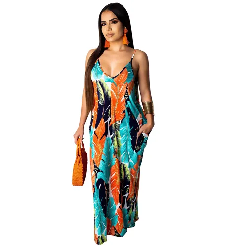 Colorful Print Strap Long Dress