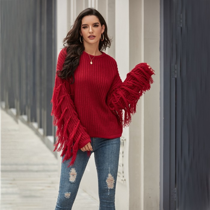 Autumn Plain Regular Sweater with Fringe Sleeves