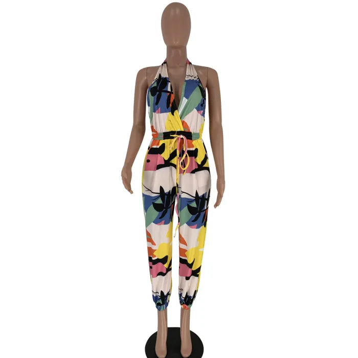 Print Colorful Drawstring Halter Jumpsuit