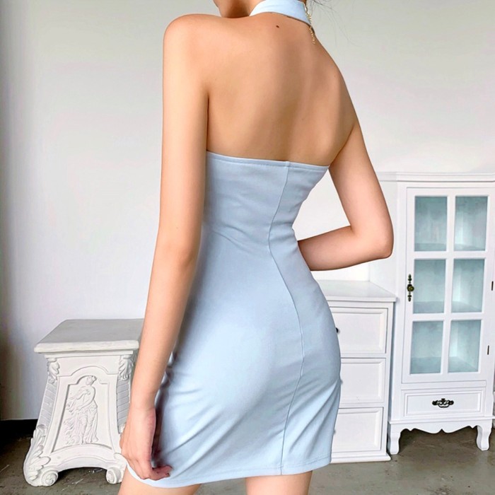 Summer Casual Blue Halter Mini Derss