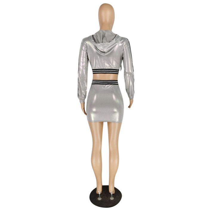 Fall Grey Metallic Short Jacket and Mini Skirt Set