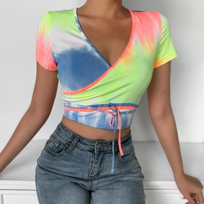 Summer Tie Dye Sexy Wrapped Crop Top
