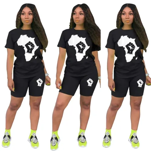 Summer Print Black Two Piece Shorts Set