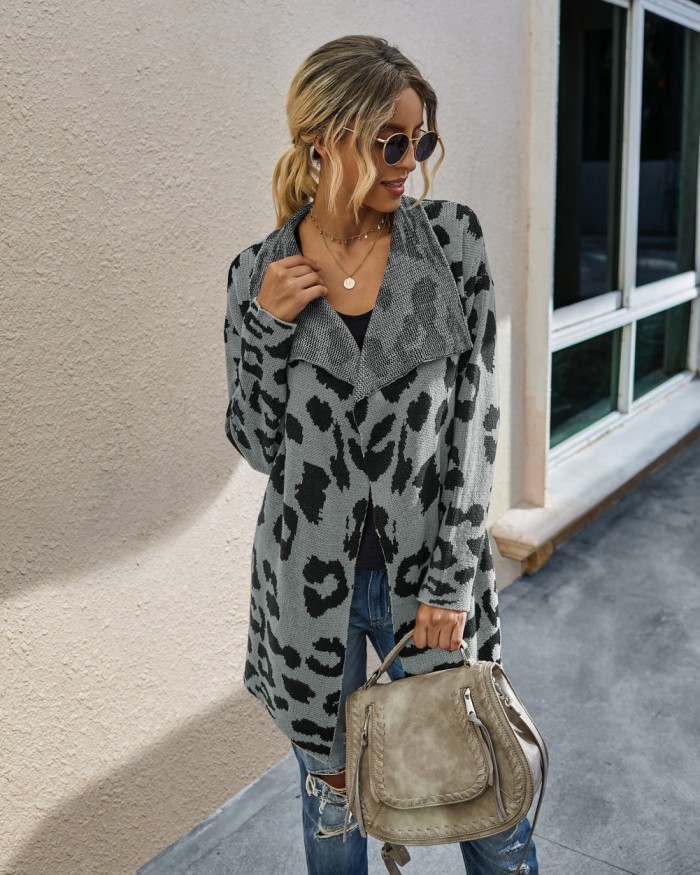 Falls Turndown Collar Irregular Leopard Cardigans