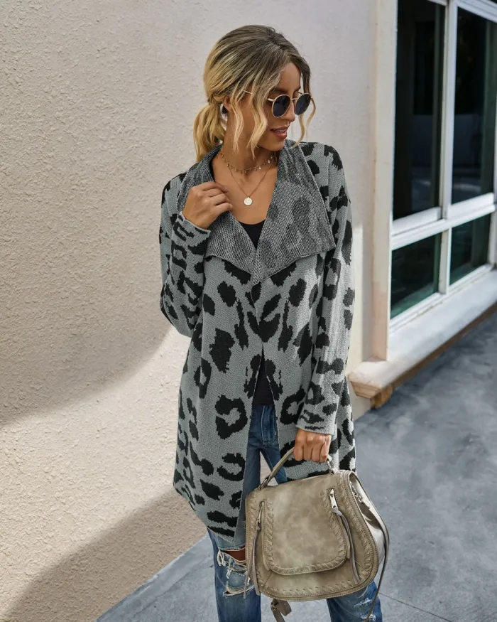 Falls Turndown Collar Irregular Leopard Cardigans