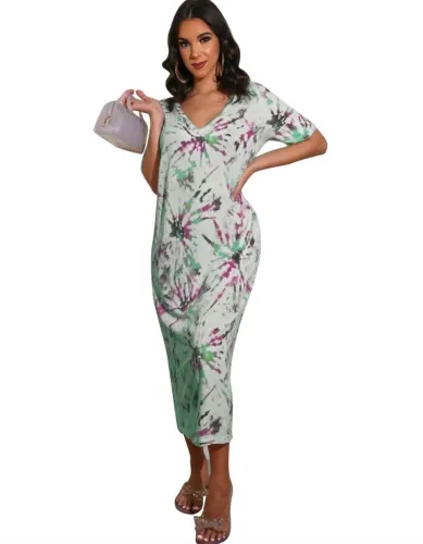 Summer Tie Dye V-Neck Long Dress
