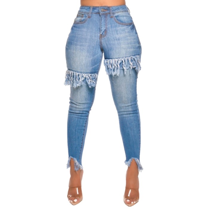 Blue Tassels Tight High Waist Jeans