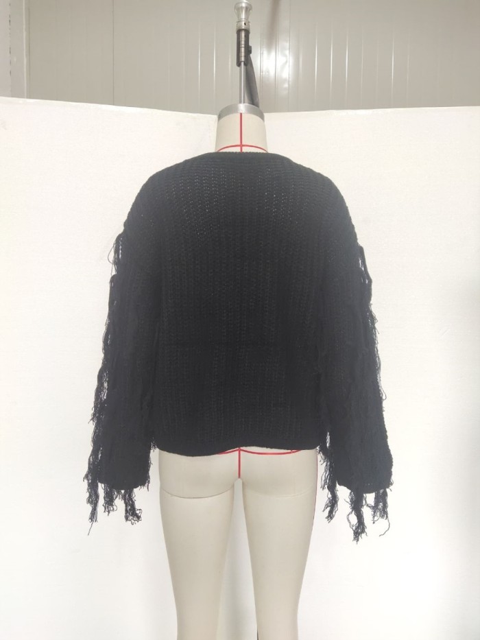 Autumn Plain Regular Sweater with Fringe Sleeves