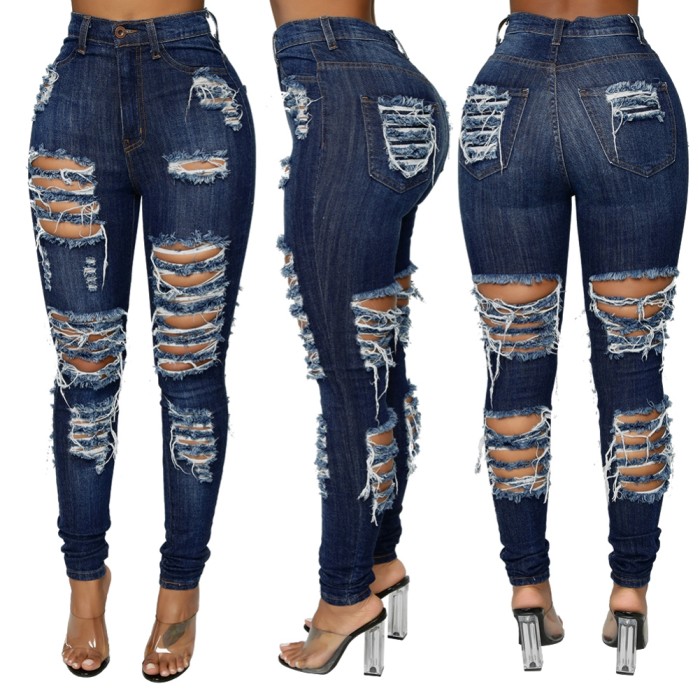 Blue High Waist Tight Ripped Jeans