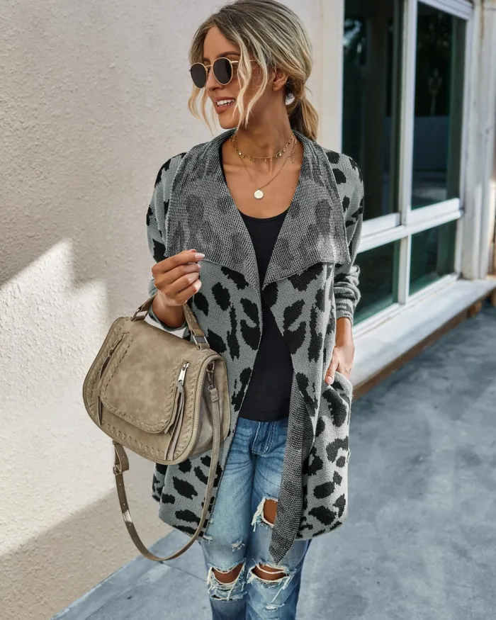 Falls Turndown Collar Irregular Leopard Cardigans