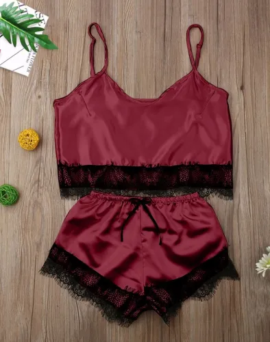 Summer Two Piece Satin Shorts Pajama Set with Lace Trims