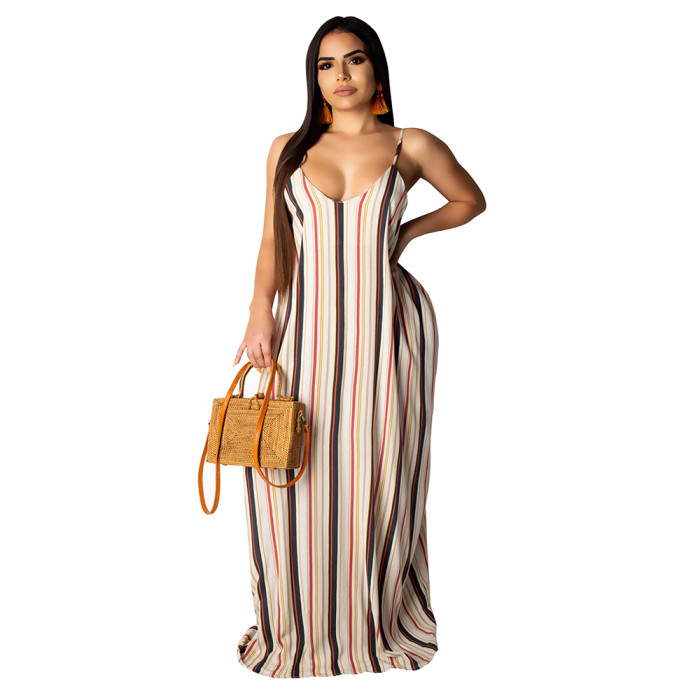 Colorful Stripes Strap Long Dress