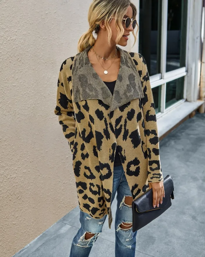 Falls Turndown Collar Irregular Leopard Cardigans