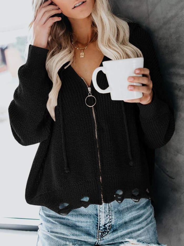 Zipper Up V-Neck Loose Sweater