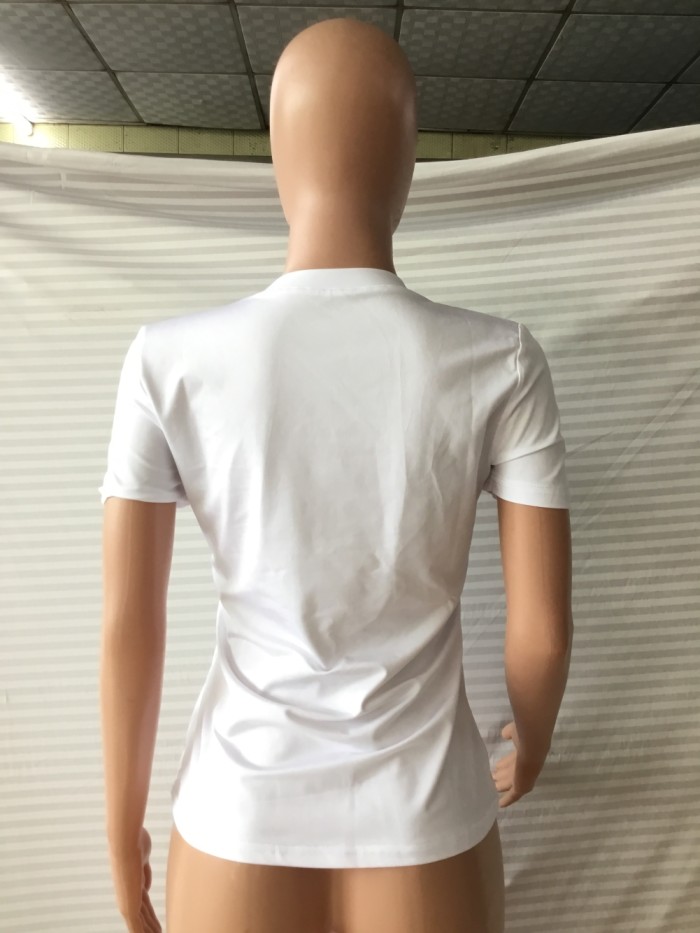 Rose Sequins White O Neck Summer Shirt