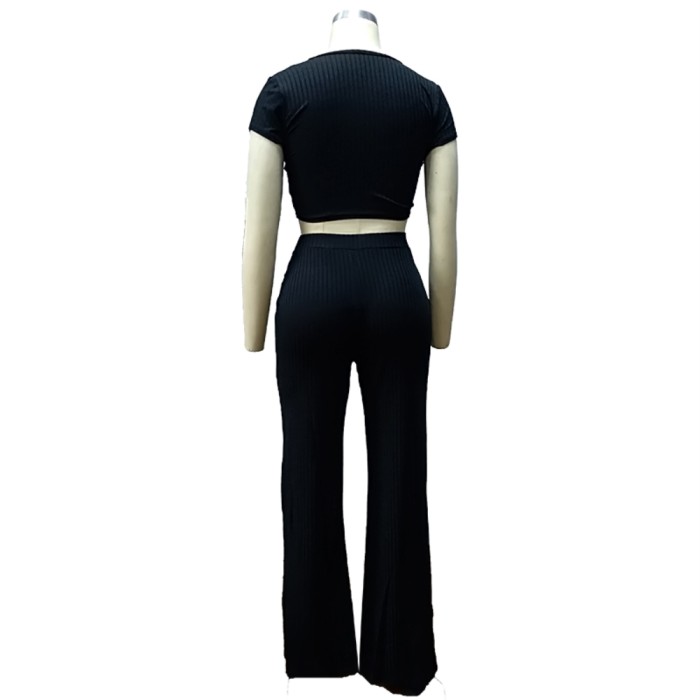 Matching 2PC Plain Knitted Crop Top and Pants Set
