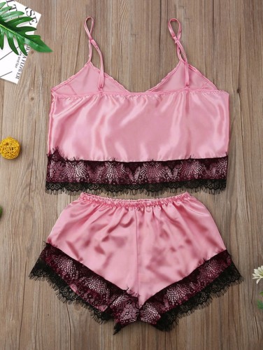 Summer Two Piece Satin Shorts Pajama Set with Lace Trims