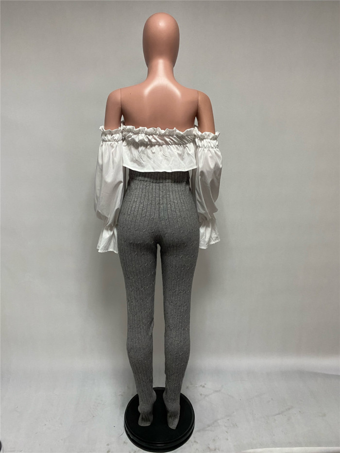 Sexy Off Shoulder Ruffle Crop Top and High Waist Slit Pants