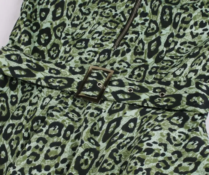 Autumn Leopard Zipper Vintage Skater Dress with Belt