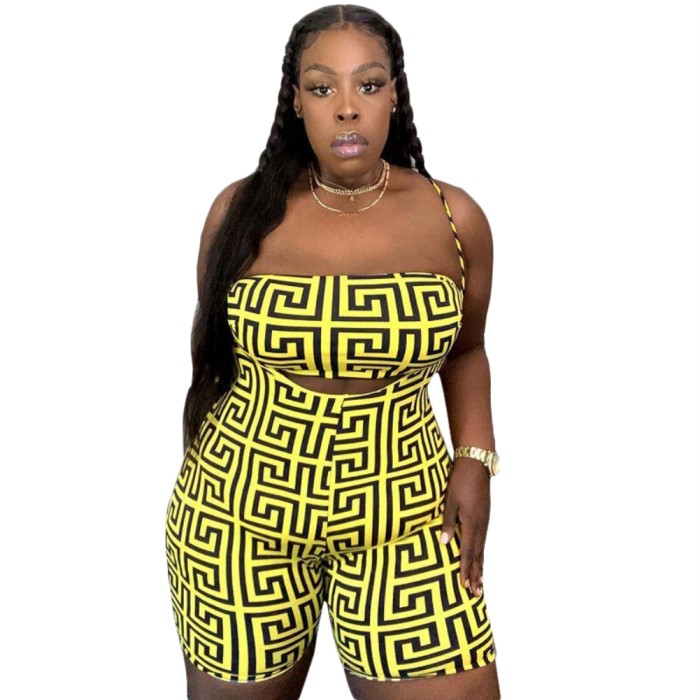 Plus Size Print Two Piece Suspender Shorts Set