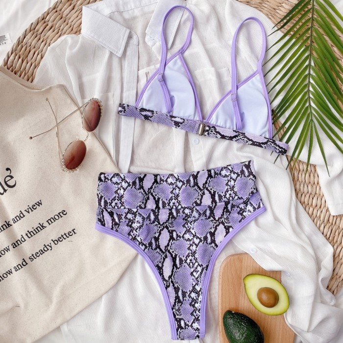 Two Piece Snake Skin High Waist Strap Swimwear