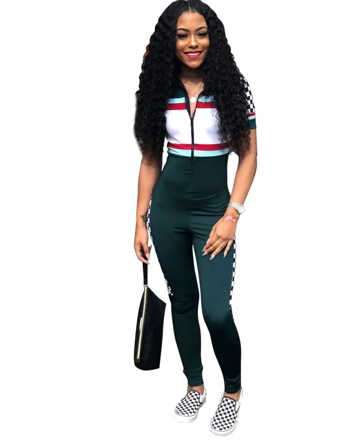 Sports Print Zipped Up Bodycon Jumpsuit