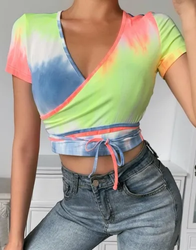 Summer Tie Dye Sexy Wrapped Crop Top