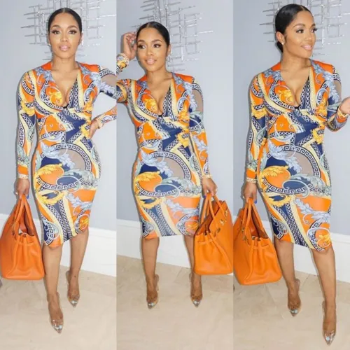 Long Sleeve Print Retro African Midi Dress