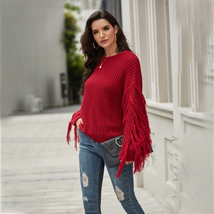 Autumn Plain Regular Sweater with Fringe Sleeves