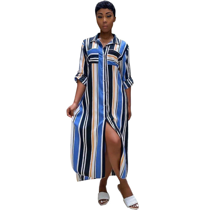 Colorful Stripes Long Slit Dress