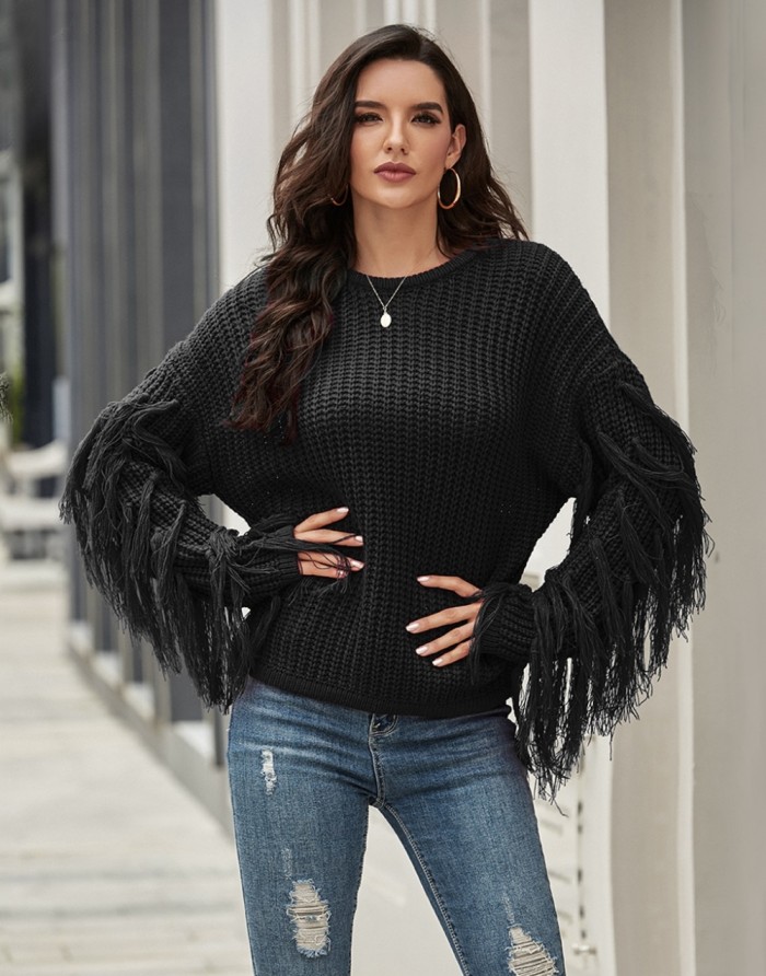 Autumn Plain Regular Sweater with Fringe Sleeves
