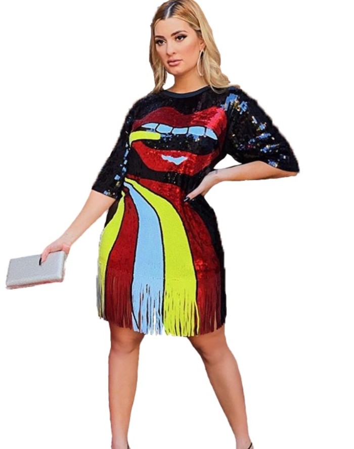 Sequins Colorful Round Neck Fringe Shirt Dress