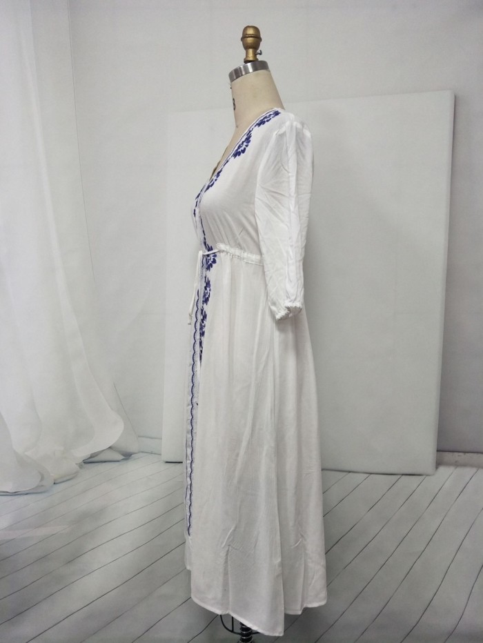 Summer White and Blue Flower Long Dress