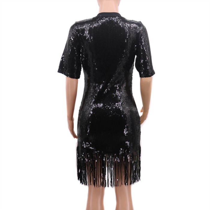 Sequins Colorful Round Neck Fringe Shirt Dress