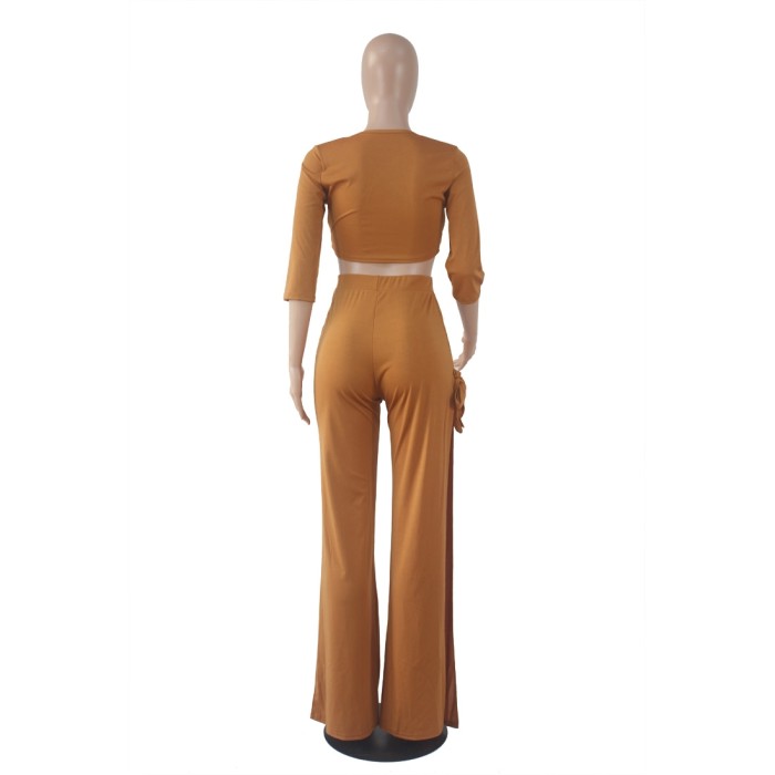 Solid Color Sexy Wrapped Crop Top and Slit Pants