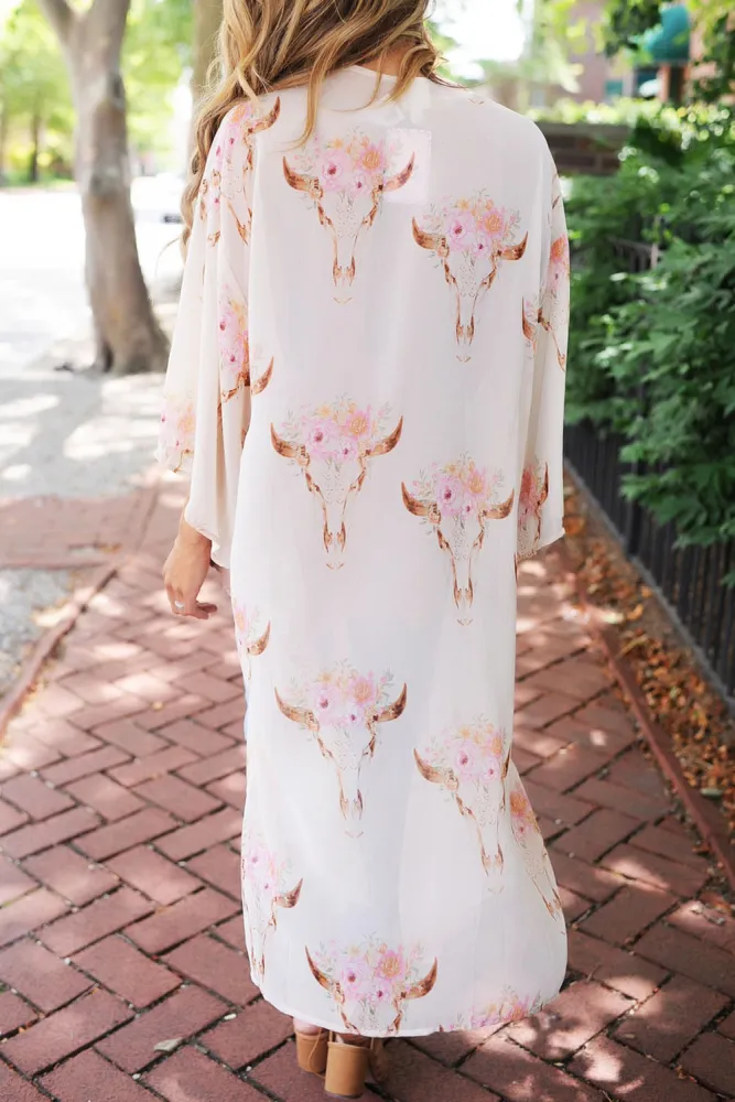 White Floral Side Slit Boho Kimono