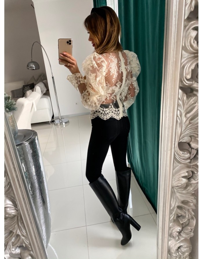Romantic Floral Mesh Shirt with Pop Sleeves