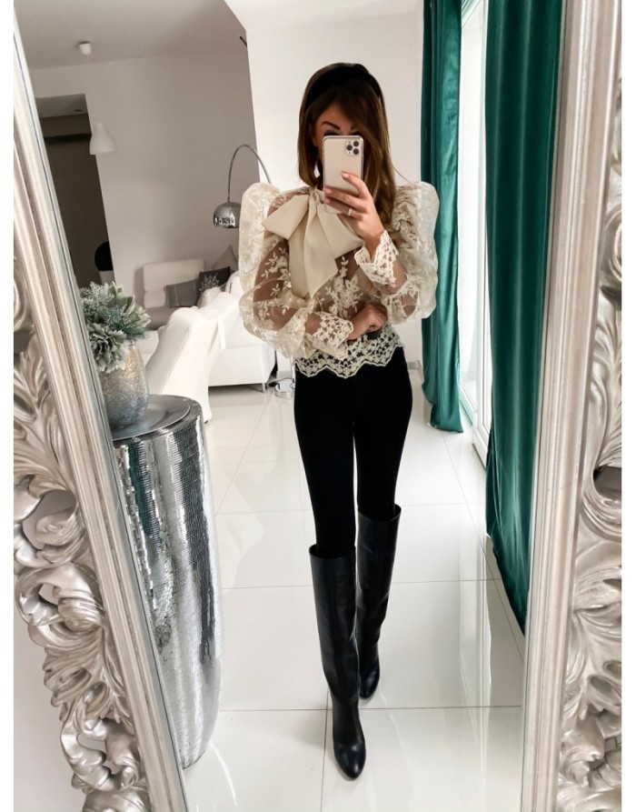 Romantic Floral Mesh Shirt with Pop Sleeves