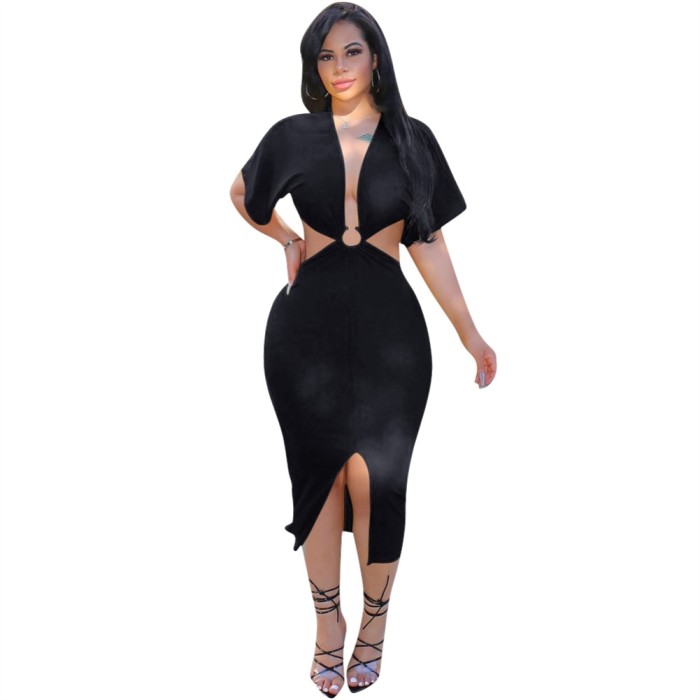 Solid Color Deep-V O-Ring Long Party Dress