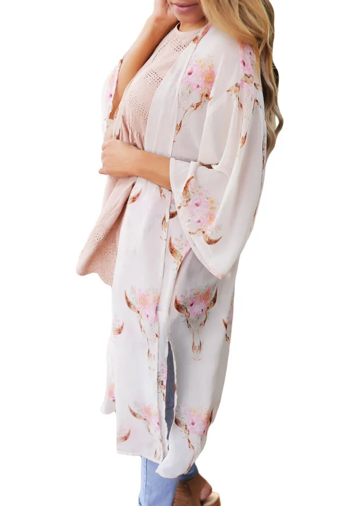 White Floral Side Slit Boho Kimono