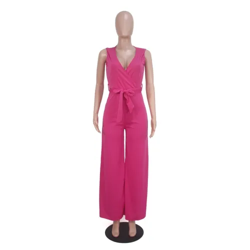 Solid Color Sleeveless Deep-V Wide Bottom Jumpsuit