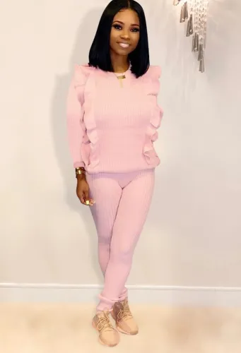 Solid Color Ruffles Knitting Pants Suit