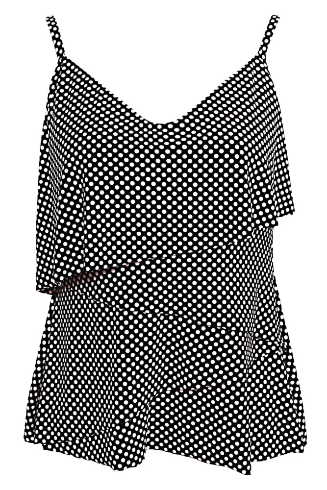 White Polka Dot Black Cami Swim Top