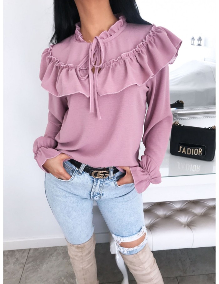 Solid Color Ruffles Vintage Blouse with Sleeves