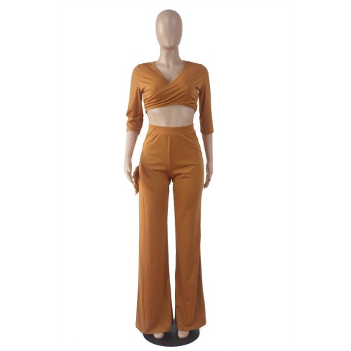 Solid Color Sexy Wrapped Crop Top and Slit Pants